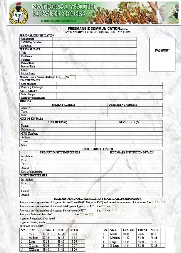 NYSC Registration Form Sample